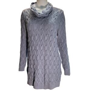 Cable Knit Sweater Dress Large Blue Cowl Neck Cozy Textured Winter Outfit